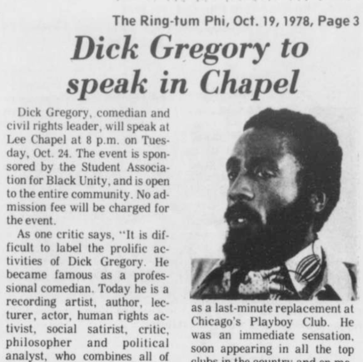 Dick Gregory speaker announcement in newspaper