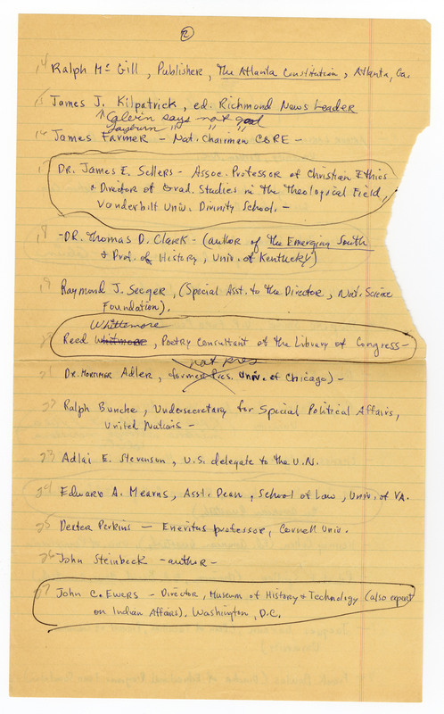 Handwritten list on faded yellow lined paper of proposed speakers and notes from either the 1965 or 1966 Contact Committee, with some names circled and some crossed out. This second page includes names 14-27. 