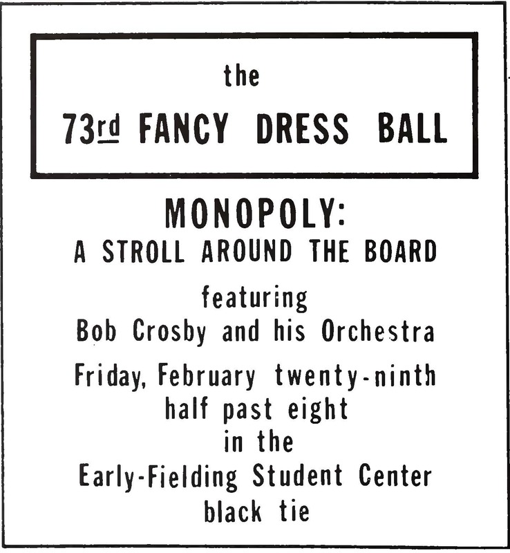 An announcement printed in the Calyx to share details about the 1980 Fancy Dress. The event took place on February 29, 1980 in the Early-Fielding Student Center. Bob Crosby and his orchestra performed.