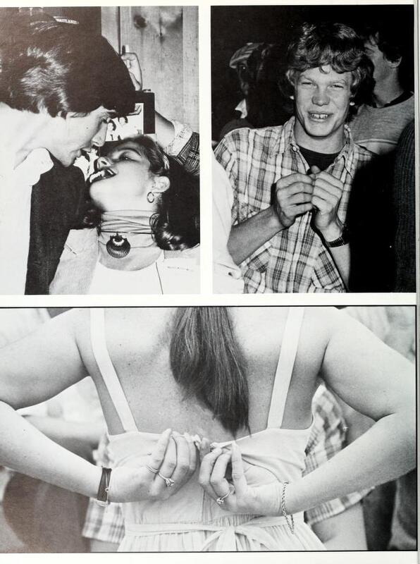 A "candid shots" page of the 1978 Calyx, with an image of a girl buttoning the back of her dress.