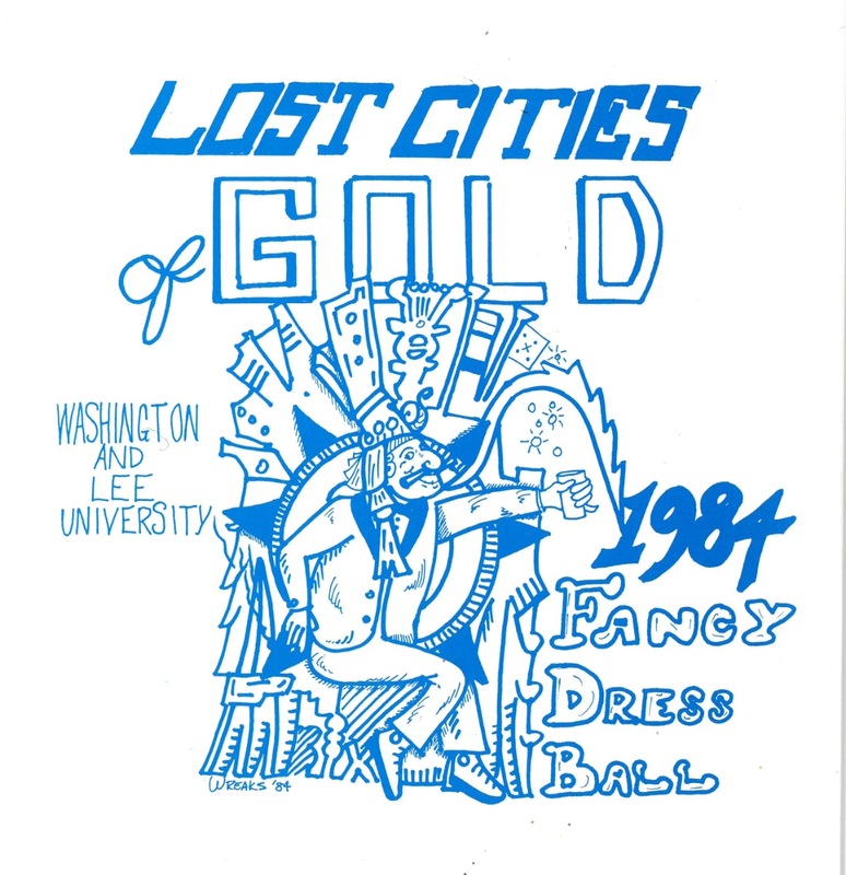 This is an cartoon of the 1984 Fancy Dress theme "Lost Cities of Gold." The cartoon is printed in the color blue and includes a fictional man in the center. 