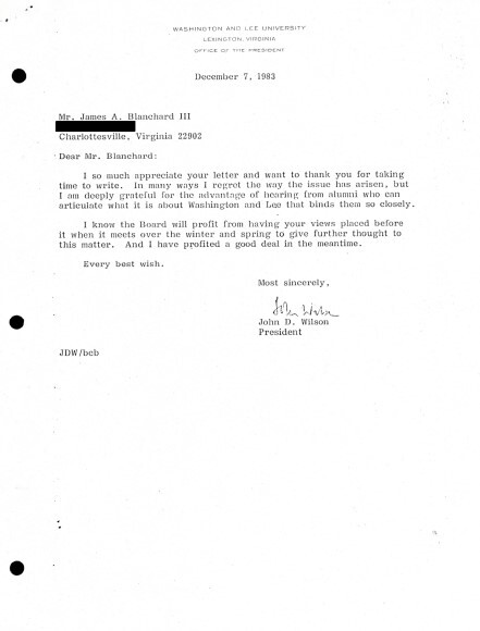 John D. Wilson response to James A Blanchard, thanking him for his time, informing him that the board will profit from his views. 