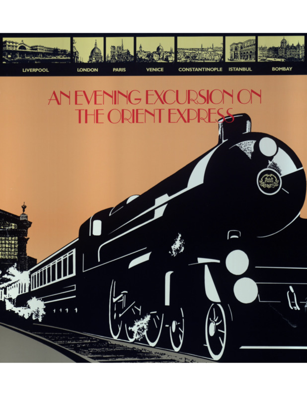 This is a poster for W&L's 1989 Fancy Dress: An Evening Excursion on the Orient Express. Featured is a large black train on an orange background with yellow and black skylines of seven cities on the Orient's route: Liverpool, London, Paris, Venice, Constantinople, Istanbul, and Bombay. In red lettering it reads: "An Evening Excursion on the Orient Express."
