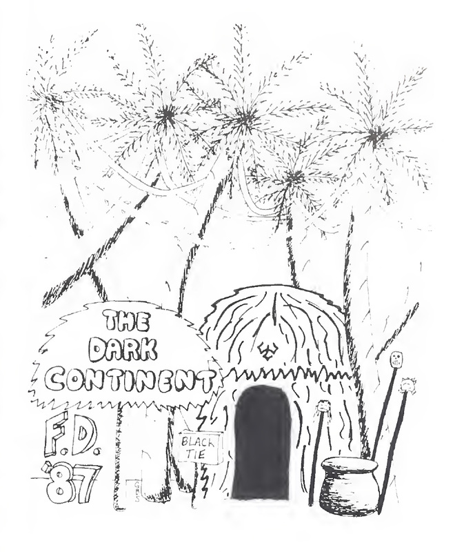 This is a cartoon made for W&L's 1987 Fancy Dress: The Dark Continent. Included in the cartoon is a straw hut with the W&L trident above the doorway, palm trees, a basket, and sticks with heads on them next to the structure. "The Dark Continent" is written on a small tree next to the hut with a sign that reads "Black Tie" and the phrase "F.D. '87" underneath it.