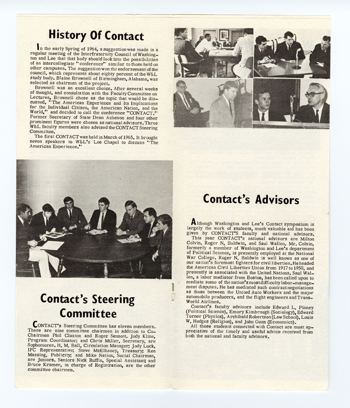 The third and fourth pages of a printed paper pamphlet. The third page features the title "History of Contact" with paragraph below and a black and white image of six white male students sitting around a conference table. Below the image is the title "Contact's Steering Committee" and paragraph. The fourth page features a collage of four images in a square, Each image is black and white and features unidentified speakers sitting alongside students. Below is the title "Contact's Advisors" and a paragraph.  