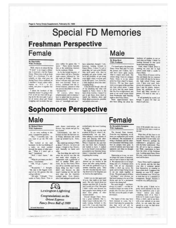 This is a selection of articles from the February 23, 1989 issue of Washington and Lee's Ring-tum Phi. The title of this section of the Phi reads "Special FD Memories." Underneath are eight accounts of W&L's Fancy Dress from all four class years, each with a male and female representative.