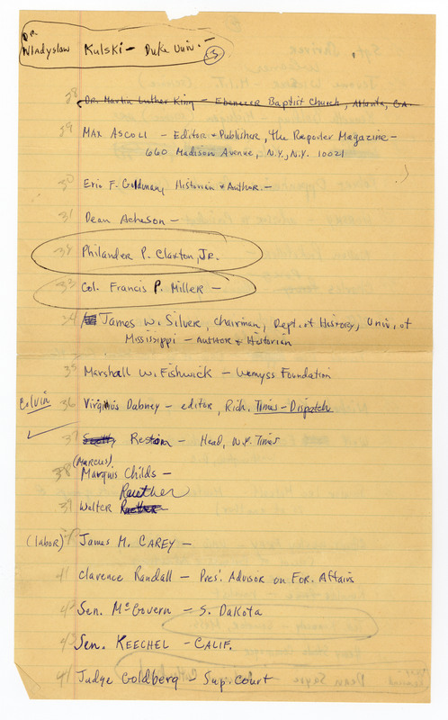 Handwritten list on faded yellow lined paper of proposed speakers and notes from either the 1965 or 1966 Contact Committee, with some names circled and some crossed out. This third page includes names 28-44. 