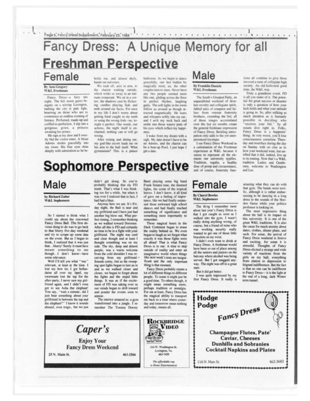 This is a selection of articles from the February 25, 1988 issue of Washington and Lee's Ring-tum Phi. The title of this section of the Phi reads "Fancy Dress: A Unique Memory for All." Underneath are eight accounts of W&L's Fancy Dress from all four class years, each with a male and female representative. 