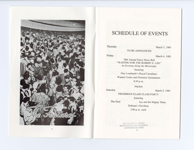 This is an image from the 1983 Fancy Dress Pamphlet. This is the schedule of events, the date of the event, the year's theme and musical guest.