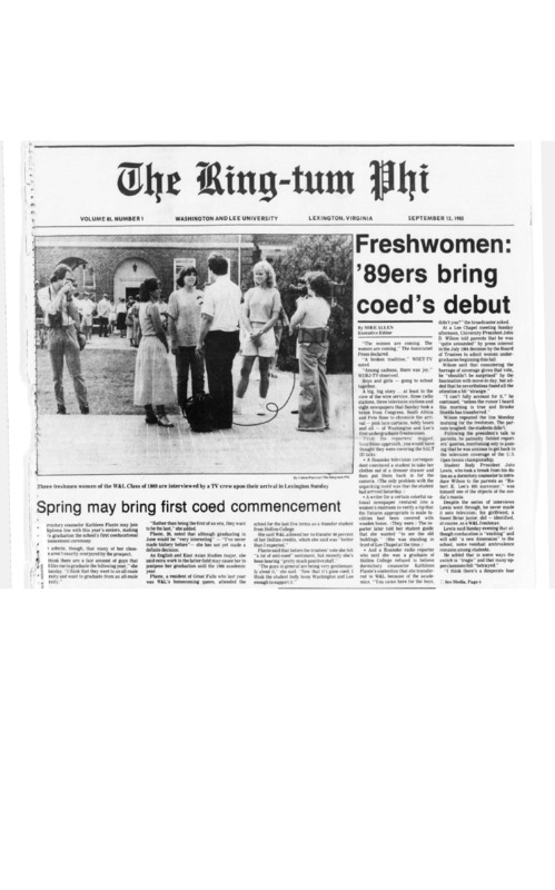 The following is a ring tum phi news article from September of 1985 that shows 3 freshmen women of the W&L Class of 1989 being interviewed by a TV crew upon their arrival in Lexington.