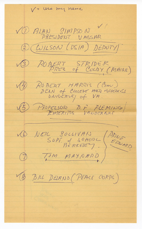 Handwritten list on faded yellow lined paper of proposed speakers and notes from either the 1965 or 1966 Contact Committee, with some names circled and some crossed out. This fifth page includes names 1-8 in different handwriting then the first four pages. 