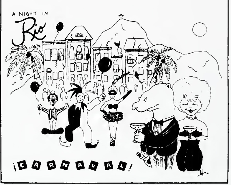 This is a black and white cartoon made for W&L's 1986 Fancy Dress theme: A Night in Rio. Clowns and jesters are featured in front of a large house party surrounded by hills and palm trees. A signature dog and mouse duo is featured as well dressed in formal clothes, holding glasses of champagne.