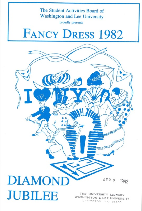 Pictured is the cover of the 1982 Fancy Dress pamphlet which illustrates the theme "A Diamond Jubilee." The cover is printed in blue, and there are various extravagant figures on the front. 