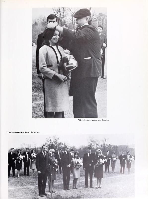 This image shows the Homecoming Court of 1965, in the Washington and Lee Calyx yearbook. The court consists of women who were featured in the “features” section of the yearbook, which seems to be a beauty pageant or contest.