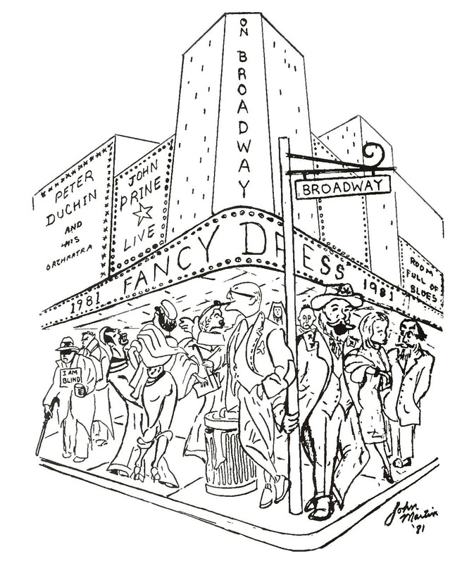 A cartoon image of Broadway St. printed in the 1981 Calyx to debut the theme of the 1981 Fancy Dress.
