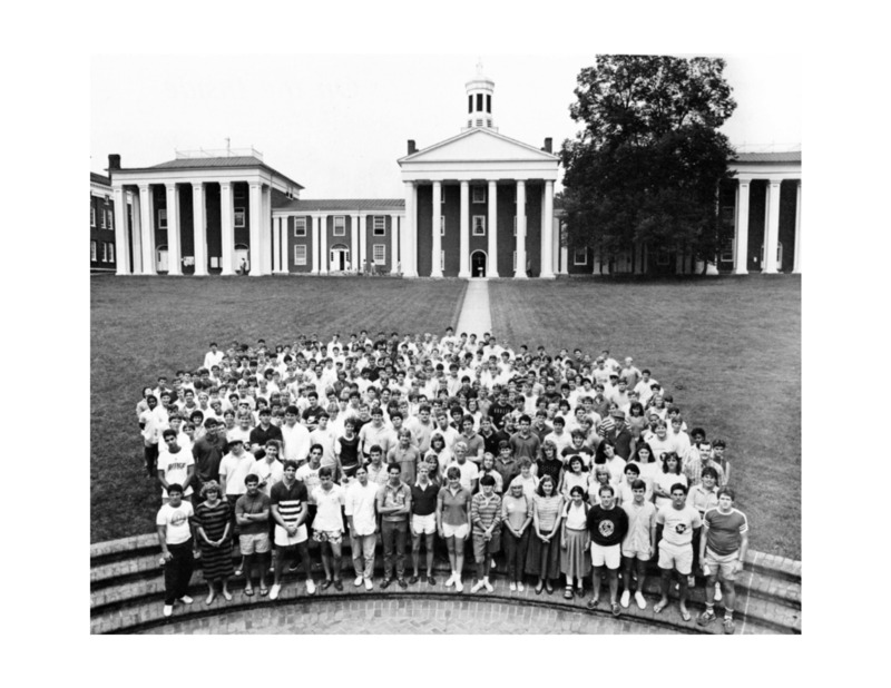 Class photo of the first Coed class. The image is of the Washington and Lee Class of 1989 on the Colonnade.
