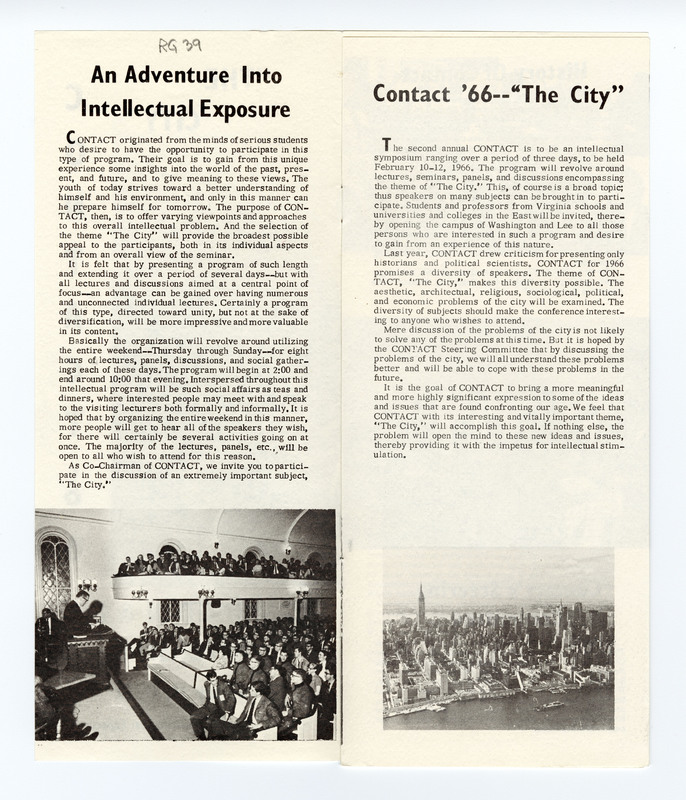 The second and third page of a printed paper pamphlet.  The first page titled "An Adventure into Intellectual Exposure" features a paragraph and then a black and white image of a full Lee Chapel from the perspective of the stage. The second page titled "Contact "66- The City" features a paragraph and then a black and white image of the New York City skyline. 