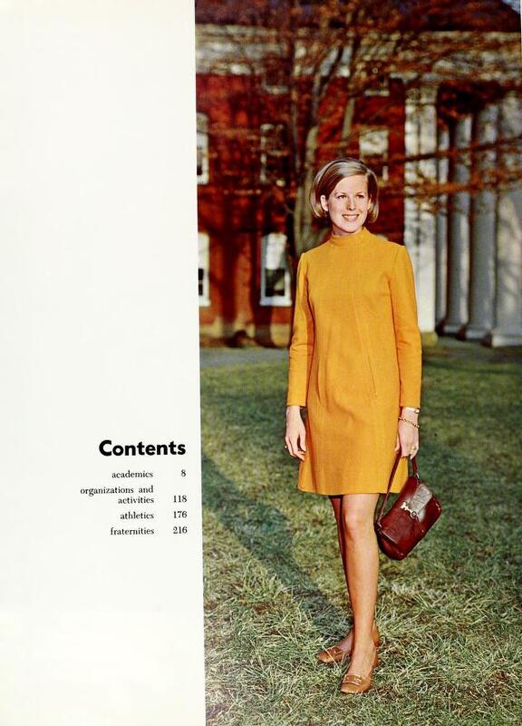 This image shows the table of contents of the 1968 edition of the Washington and Lee Calyx. It lists the sections of the yearbook, and Ads. Next to the table of contents, there is a large glamour shot of a woman in a yellow dress. She is one of the six women featured in the “features” section of the yearbook, which seems to be a beauty pageant or contest.