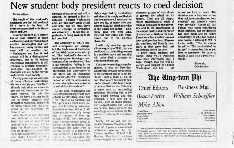 The following is a Ring Tum Phi article from the Executive Committee president, about the student body reaction to the school becoming coed. He comments on the backlash and alludes to the step forward that the student body must take.