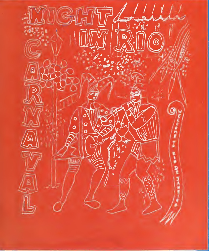 This is a drawing of two people in jester costumes on the street in between a banner next to them that reads "Welcome to Rio de Janeiro" and the word "Carnaval" in large letters. Made for W&L's 1986 Fancy Dress: A Night in Rio. The entire image is red with white details.