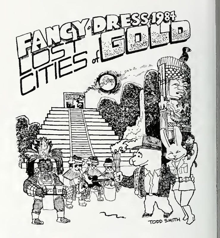 This is a cartoon made for W&L's 1984 Fancy Dress: Lost Cities of Gold found in the Calyx. Traditional Aztec imagery is showcased, along with a signature bunny and dog duo celebrating. On the sides are pillars and in the background is a large pyramid.