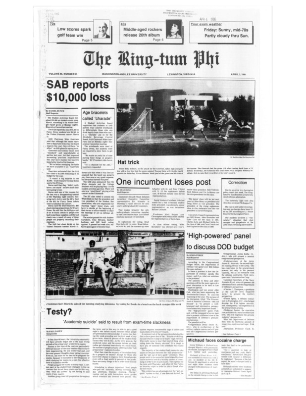 This is an article from the April 3, 1986 issue of Washington and Lee's Ring-tum Phi titled "SAB reports $10,000 loss." This article reports the financial loss endured by the SAB from that year's Fancy Dress ball. This article also gives insight into the SAB's drink regulation methods as a charade put on for the ABC Board.