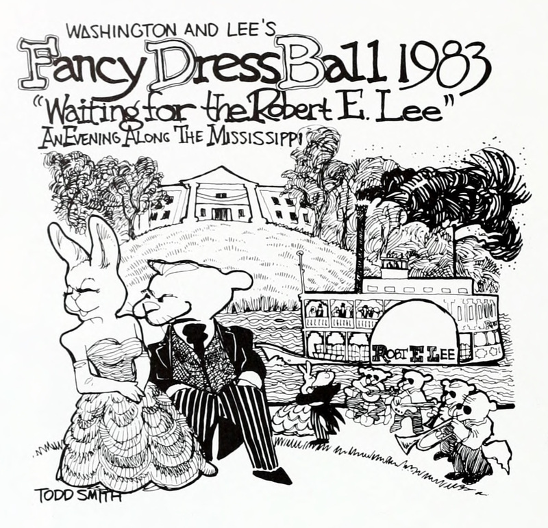 Illustration of the 1983 Fancy Dress theme, "Waiting for Robert E. Lee." Pictured in the illustration is a dressed-up rabbit and a mouse on a large property.