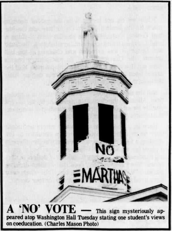 Image of "No Marthas" banner on the top of Washington Hall