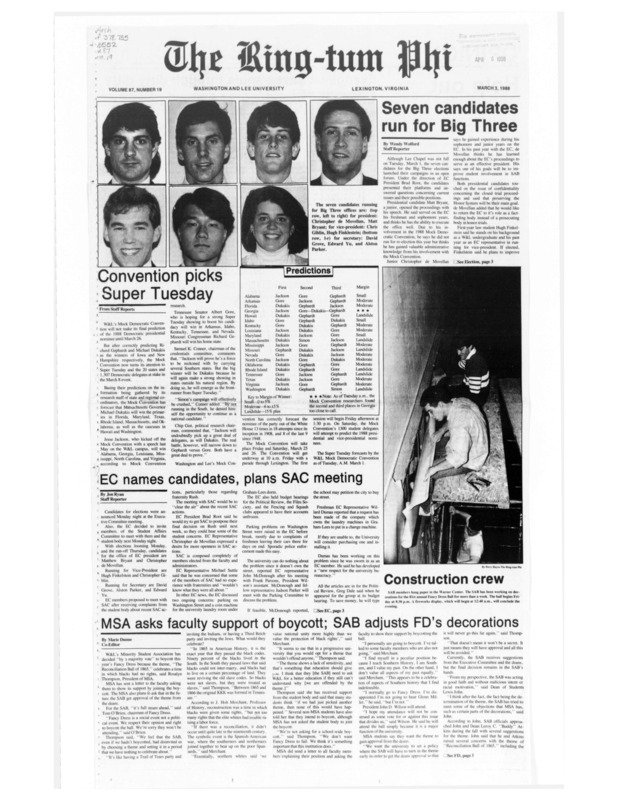 This is a selection of articles from the March 3, 1988 issue of Washington and Lee's Ring-tum Phi. These articles detail the 1988 Fancy Dress controversy between the Student Activities Board and Minority Student Association. Perspectives from both sides are provided, some calling for a boycott of the ball and some opposing the MSA president's sentiments against the event's theme. Relevant headings are "MSA asks faculty support of boycott; SAB adjusts FD's decorations," "Student reactions to FD theme and MSA boycott," and Cobb questions the Fancy Dress theme."
