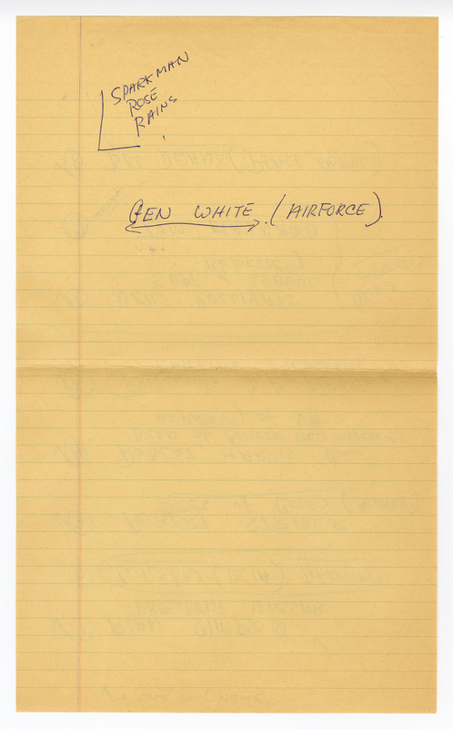 Handwritten list on faded yellow lined paper of proposed speakers and notes from either the 1965 or 1966 Contact Committee, with some names circled and some crossed out. This sixth page includes two names alongside arrows. 