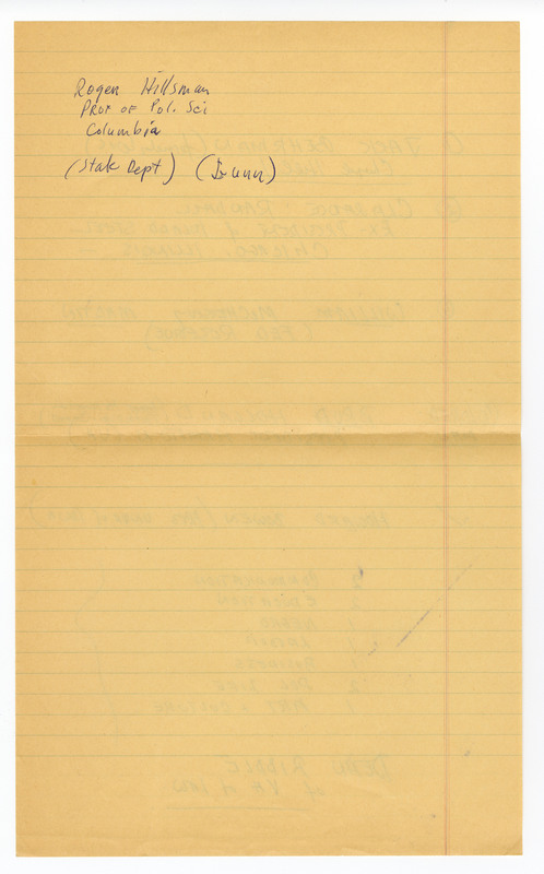 Handwritten list on faded yellow lined paper of proposed speakers and notes from either the 1965 or 1966 Contact Committee, with some names circled and some crossed out. This tenth page includes one name. 