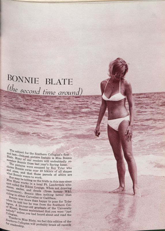 This is a picture of Bonnie Blate in a bikini after she had already been featured before. It had a paragraph about how readers like her and how she only posed because she would be featured in souther collegian.