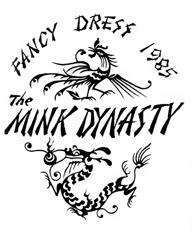 This is the logo for W&L's 1985 Fancy Dress theme: Mink Dynasty. The words "Fancy Dress 1985 The Mink Dynasty" are featured with illustrations of a stylized rooster and dragon underneath.