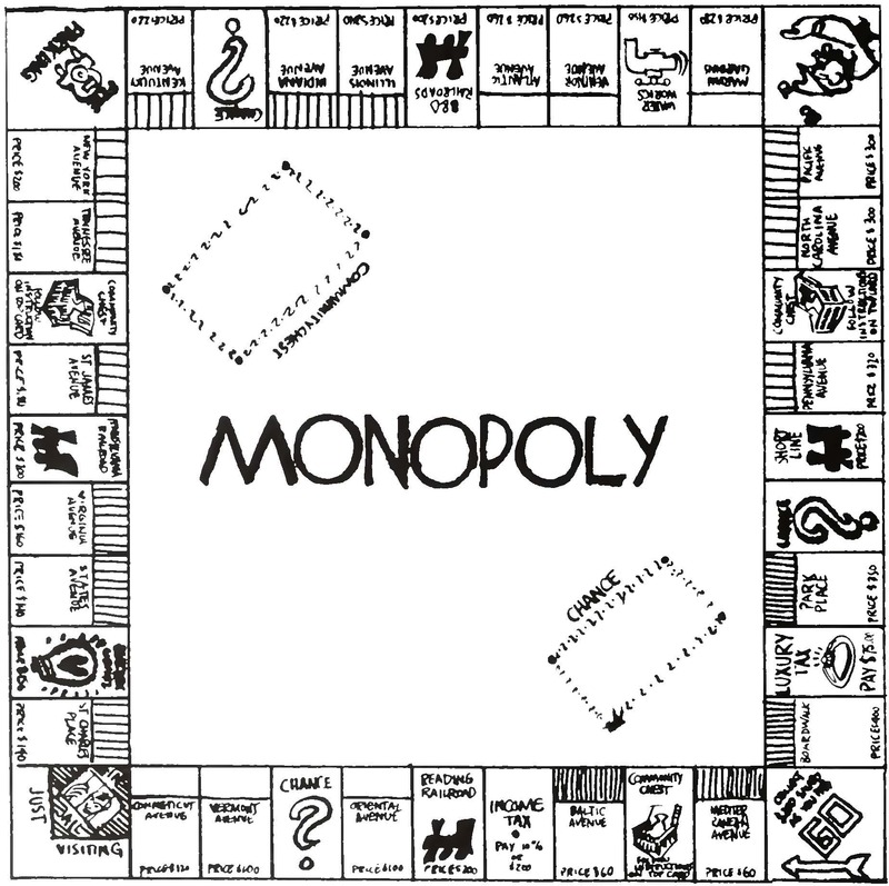 A black and white monopoly board printed in the Calyx 1980 to debut the theme of the year's Fancy Dress. 