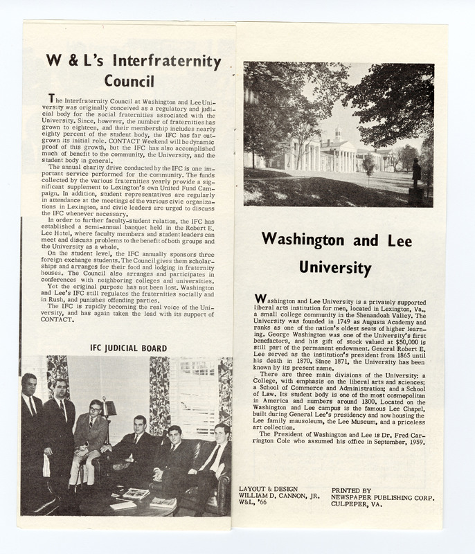 The fifth and sixth pages of a printed paper pamphlet. The fifth page is titled at the top "W&L's Interfraternity Council" with a paragraph following and a photo below captioned IFC judicial board showing in black and white six white male students sitting on a couch. The sixth page has a black and white photo of the W&L Colonnade at the top followed by the title "Washington and Lee University" and a paragraph. 
