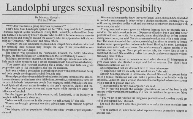 This is an article from mid 90's that discusses what sex is and how sex impacts women from a talk that was given by Landolphi.