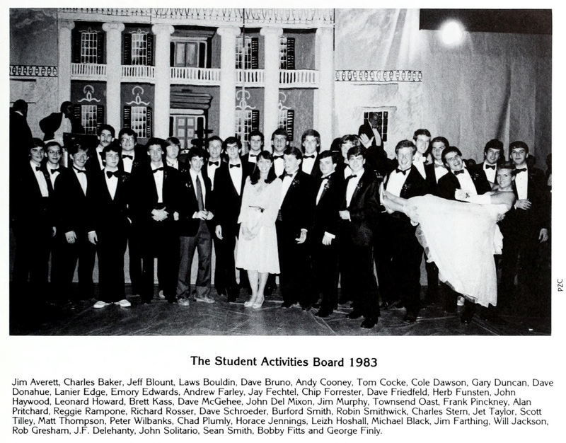 Pictured is the Student Activity Board in 1983, printed black and white in the Calyx 1983. This board was in charge of planning Fancy Dress. The board included students from Washington and Lee University and Sweet Briar College.