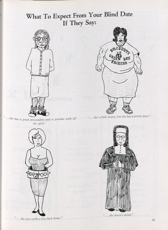 This is a cartoon from the Southern Collegian about what men should expect from a blind date negatively depicting women.