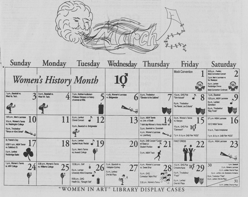 This is calendar of the March 1996. They mention that they have an exhibit and they have an homage to Women's History Month.