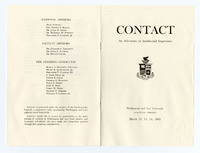 The front page and back page of a printed paper pamphlet with CONTACT in large print on top of the page with "An Intellectual Experience" printed smaller underneath. In the center of the page is the Washington and Lee University Crest. The bottom of the page says "Washington and Lee University, Lexington, VA" with "March 12, 13, 14, 1965" below. The back page lists the advisors and Steering Committee members. 