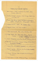 Handwritten list on faded yellow lined paper of proposed speakers and notes from either the 1965 or 1966 Contact Committee, with some names circled and some crossed out. This first page includes names 1-13. 
