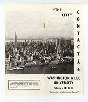 The front and back page of a printed paper pamphlet featuring a black and white skyline view of New York City. Titled "The City" with vertical words saying "Contact '66." Below phrases in descending sizes are "Washington and Lee University" and "February 10, 11, 12" and "An Adventure into Intellectual Exposure."