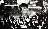 Band Sha-Na-Na playing onstage with a crowd of students below