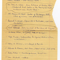 Handwritten list on faded yellow lined paper of proposed speakers and notes from either the 1965 or 1966 Contact Committee, with some names circled and some crossed out. This second page includes names 14-27. 