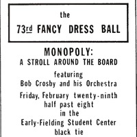 An announcement printed in the Calyx to share details about the 1980 Fancy Dress. The event took place on February 29, 1980 in the Early-Fielding Student Center. Bob Crosby and his orchestra performed.