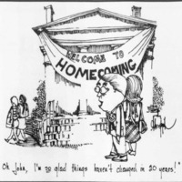 A cartoon from the Ring-Tum Phi shows a married couple returning to W&L for homecomings. The woman exclaims how glad she is that nothing has changed, while her husband stares at the young women on campus.