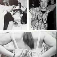 A "candid shots" page of the 1978 Calyx, with an image of a girl buttoning the back of her dress.