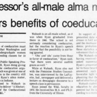 This is an article from the Ring Tum Phi. Professor Halford Rayan went to his alma mater, Wabash College in Indiana, and advocated and promoted the benefits to co-education.