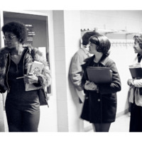 UVA female student line up outside of a classroom in 1974.