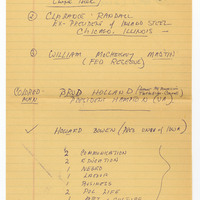 Handwritten list on faded yellow lined paper of proposed speakers and notes from either the 1965 or 1966 Contact Committee, with some names circled and some crossed out. This ninth page includes another set of names in a different handwriting style. 